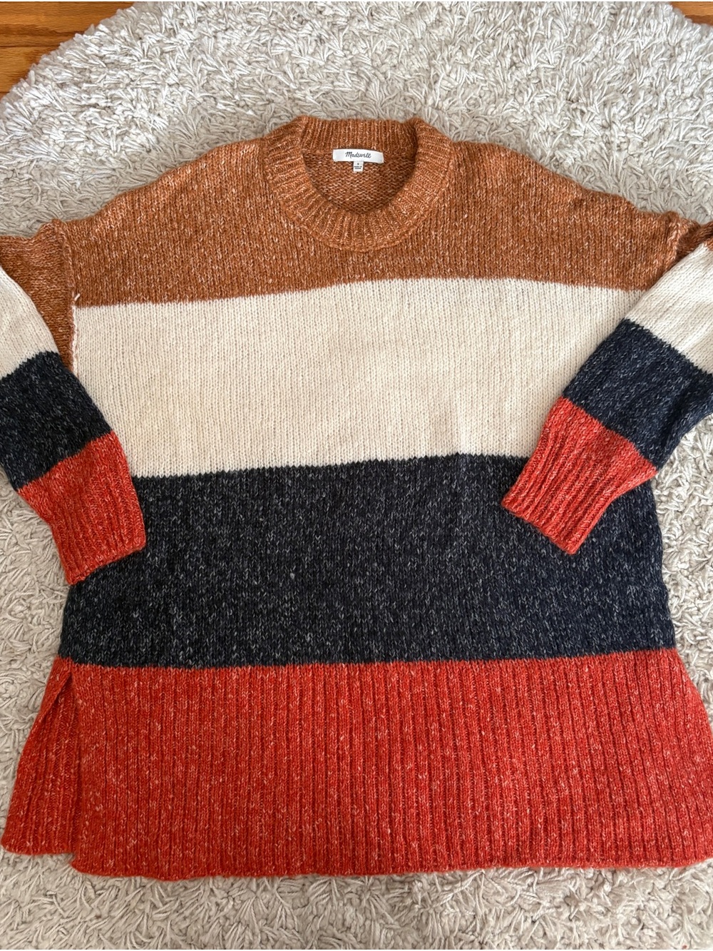 Madewell Striped Crewneck Sweater in Rust, Cream & Navy